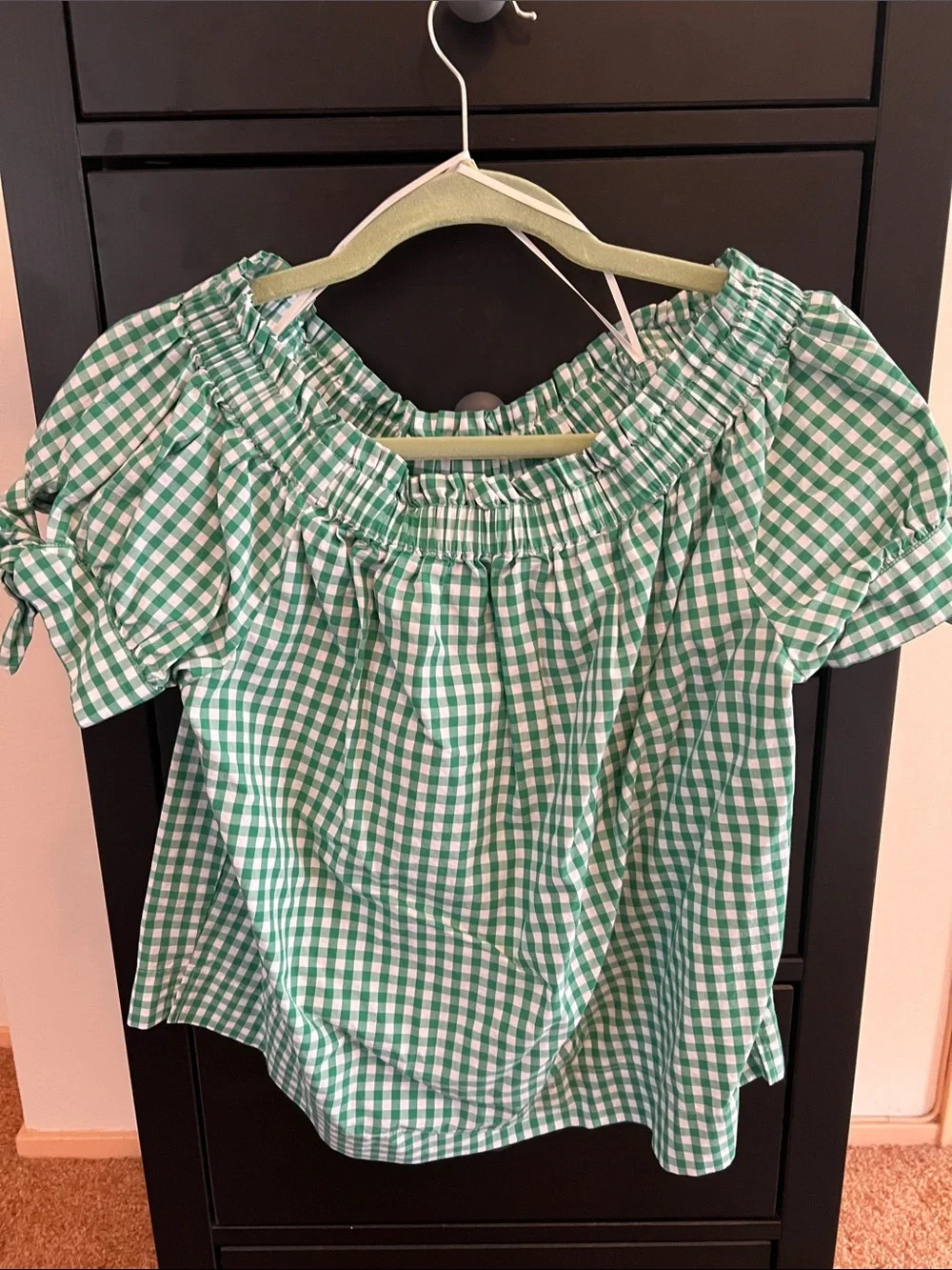 J. Crew Cotton Green Gingham Off-Shoulder Blouse